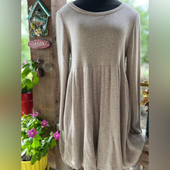 Knitted & Knotted Dresses & Skirts - Knitted & Knotted Sand Beige Baby Doll Pullover Soft Knit Fine Ribbed Dress